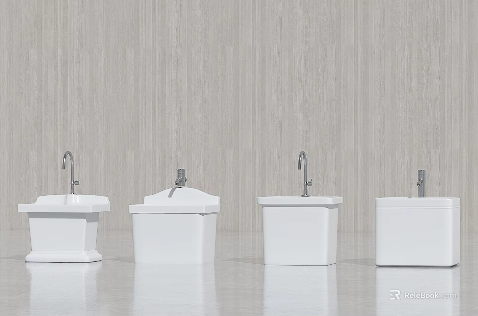 Four White Bathroom Washbasins With Chrome Faucets And Wooden Wall Background 3d model 