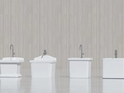 Four White Bathroom Washbasins With Chrome Faucets And Wooden Wall Background 3d model