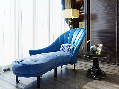 Blue Velvet Chaise Lounge with Decorative Pillow and Side Table in Elegant Interior 3d model