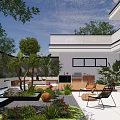 Modern Garden Courtyard With Water Feature Plants Outdoor Chairs And Patio Lighting