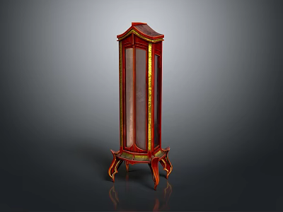 Red Antique Display Cabinet With Gold Accents Glass Door And Carved Legs 3d model