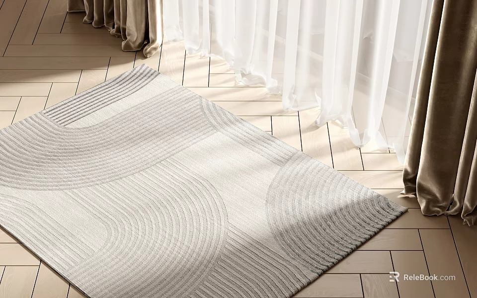 Light Gray Square Rug With Wavy Texture On Wooden Floor Under Sunlight And White Curtains 3d model 