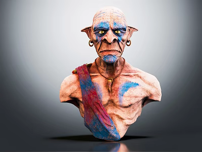 Fantasy Creature Character Bust with Large Ears Wrinkled Skin Colorful Paint Necklace Red Blue Cloth 3d model