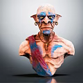 Fantasy Creature Character Bust with Large Ears Wrinkled Skin Colorful Paint Necklace Red Blue Cloth