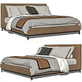 Modern Double Bed With Brown Headboard White Bedding Plaid Pillows And Brown Throw 3d model