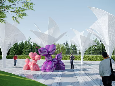 White Modern Pergola Structure With Pink Purple Balloon Sculptures And Green Trees In Outdoor Plaza 3d model