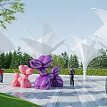 White Modern Pergola Structure With Pink Purple Balloon Sculptures And Green Trees In Outdoor Plaza
