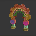 Ancient Themed Decorative Arch With Carved Symbols And Orange Green Accents
