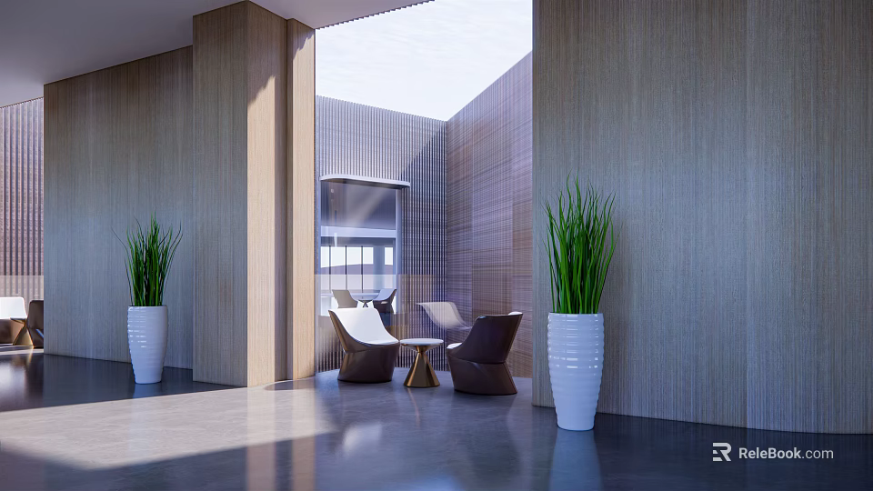 Modern Front Desk Reception Lobby With Waiting Seats Green Plants And Natural Lighting 3d model 
