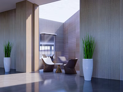 Modern Front Desk Reception Lobby With Waiting Seats Green Plants And Natural Lighting 3d model