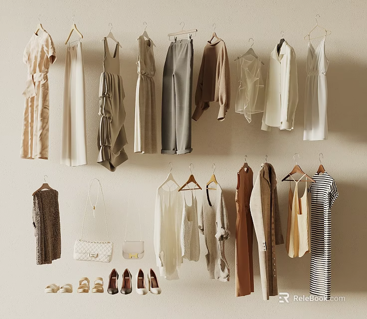 Stylish Clothes Display With Accessories On Wall 3d model