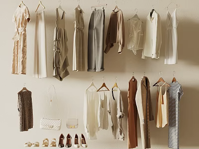 Stylish Clothes Display With Accessories On Wall 3d model