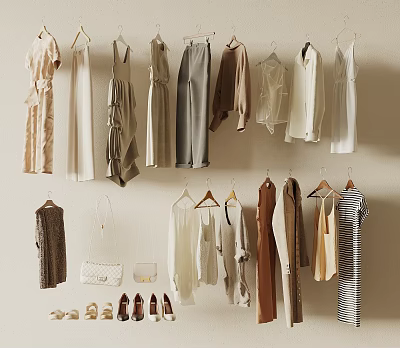 Stylish Clothes Display With Accessories On Wall 3d model