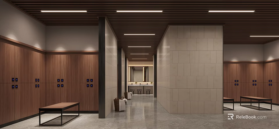 Modern Public Hall Interior With Elevators Bench Mirror Tile Walls Wooden Ceiling And Lighting 3d model 