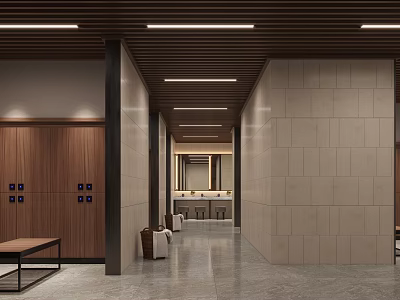 Modern Public Hall Interior With Elevators Bench Mirror Tile Walls Wooden Ceiling And Lighting 3d model
