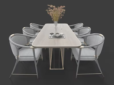 Minimalist Dining Table Set With Six Gray Metal Framed Cushioned Chairs Light Tabletop And Vase 3d model