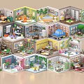 Aerial View Planning of Multi Layer Miniature Room Models with Various Interior Scenes and Colorful Decor