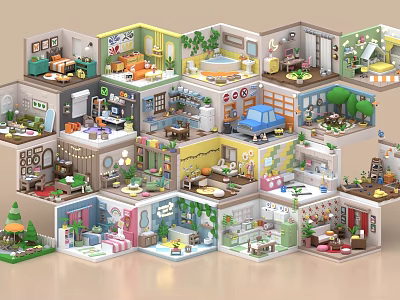 Aerial View Planning of Multi Layer Miniature Room Models with Various Interior Scenes and Colorful Decor 3d model