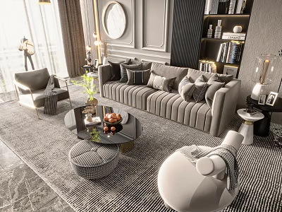 Modern Grey Sofa and Coffee Table Set With Plush Cushions Patterned Rug and Round Mirror 3d model