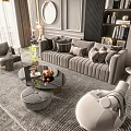Modern Grey Sofa and Coffee Table Set With Plush Cushions Patterned Rug and Round Mirror 3d model