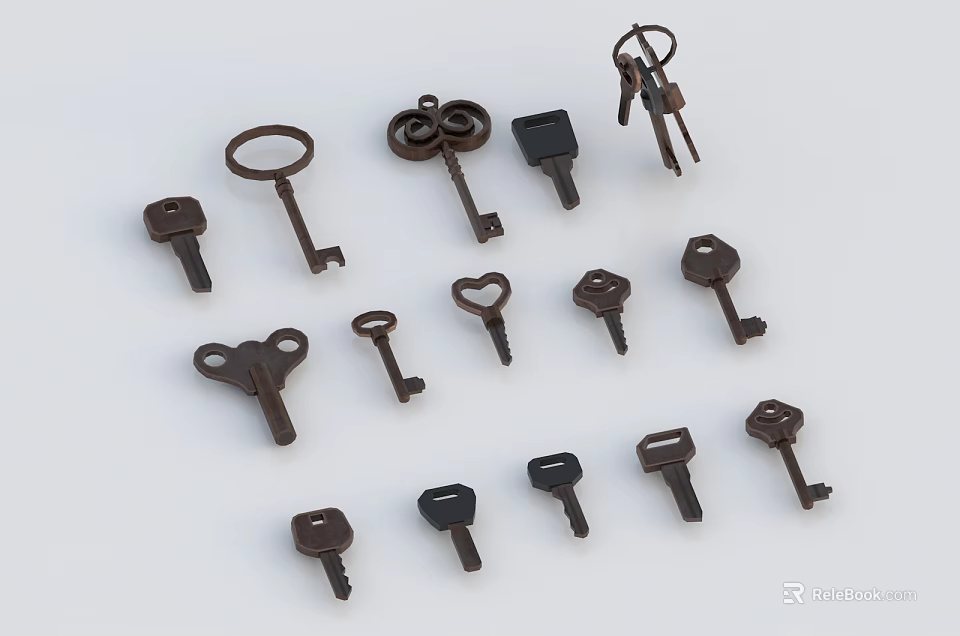 Vintage Key Shaped Jewelry Collection With Unique Designs And Metal Craftsmanship 3d model 