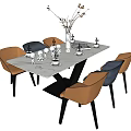Modern Dining Table Set With Beige Blue Chairs Vase And Tableware On Gray Wall 3d model