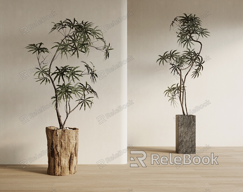 Middle Ancient Style Bonsai Green Plant model