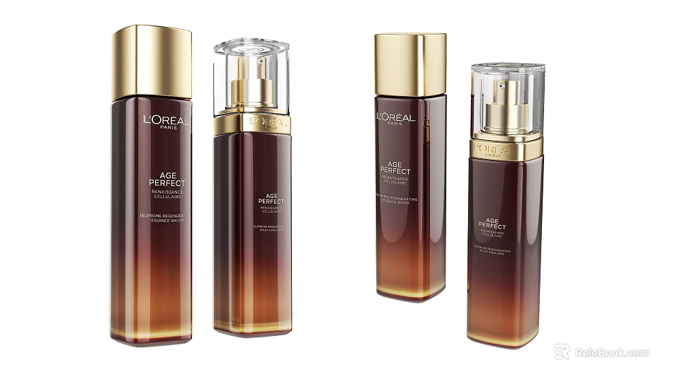 Modern L'Oreal Revitalift Filler Skincare Products with Brown Bottles Gold Caps and Pump Dispensers 3d model 