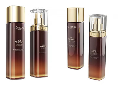 Modern L'Oreal Revitalift Filler Skincare Products with Brown Bottles Gold Caps and Pump Dispensers 3d model