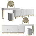 Modern Black Gold Dressing Table With Striped Drawers Round Mirror And Stool 3d model