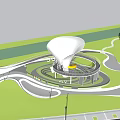 Modern Children's Play Area With Umbrella Shaped Structure Circular Walkways Green Lawns And Trees
