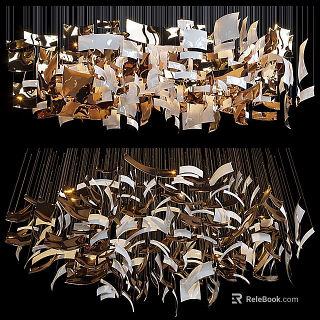 Modern Artistic Chandelier with Gold and White Flowing Metal Shapes in Abstract Design 3d model 