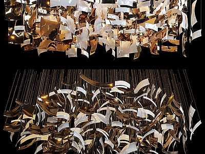 Modern Artistic Chandelier with Gold and White Flowing Metal Shapes in Abstract Design 3d model