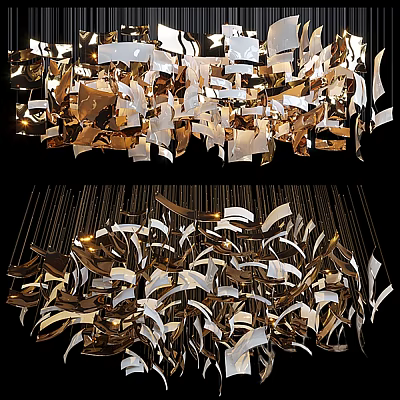 Modern Artistic Chandelier with Gold and White Flowing Metal Shapes in Abstract Design 3d model