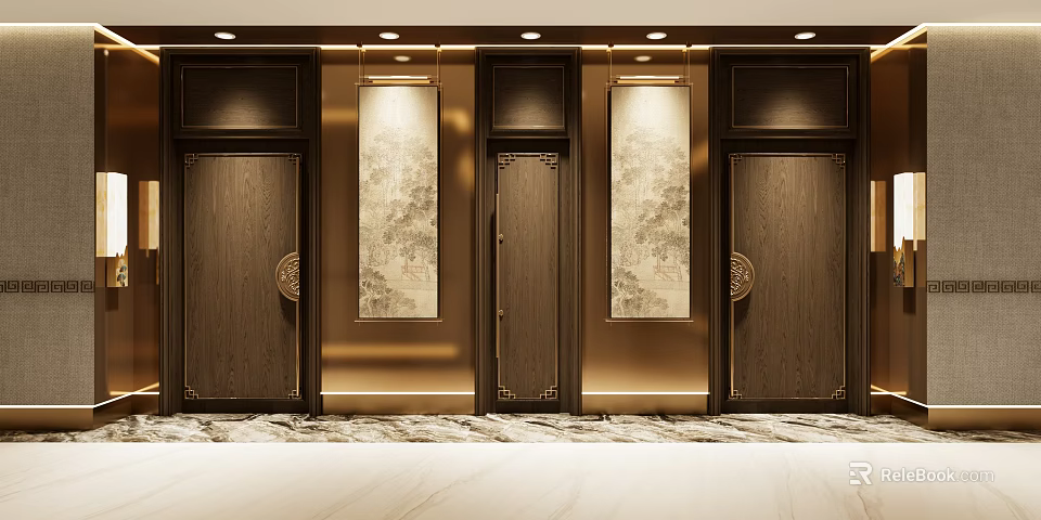 Luxurious Hotel Corridor With Wooden Doors Decorative Paintings Plush Carpet And Warm Lighting 3d model 