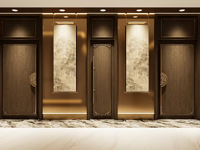 Luxurious Hotel Corridor With Wooden Doors Decorative Paintings Plush Carpet And Warm Lighting 3d model