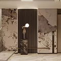 Modern Elevator Hallway With Marble Walls Black Gold Accents Wall Lamp Sculpture And Sleek Flooring