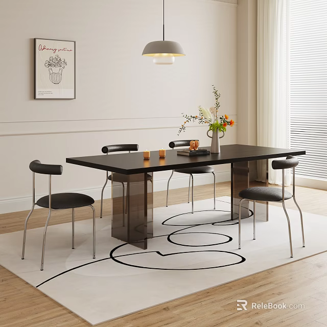 Modern Dining Table Set With Black Table Four Chairs Metal Legs Vase And Circular Rug 3d model 