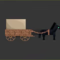 Wooden Wagon with Canvas Top Pulled by Black Horse 3D Model Design 3d model