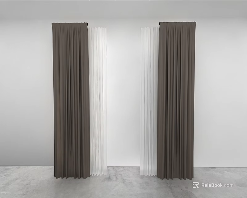 Brown And White Layered Window Curtains With Soft Drapes Modern Design 3d model