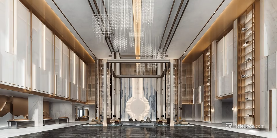 Modern Luxury Hotel Lobby With Crystal Chandeliers Marble Floor And Symmetric Wooden Decor 3d model 