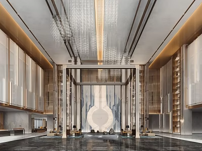 Modern Luxury Hotel Lobby With Crystal Chandeliers Marble Floor And Symmetric Wooden Decor 3d model