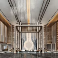 Modern Luxury Hotel Lobby With Crystal Chandeliers Marble Floor And Symmetric Wooden Decor