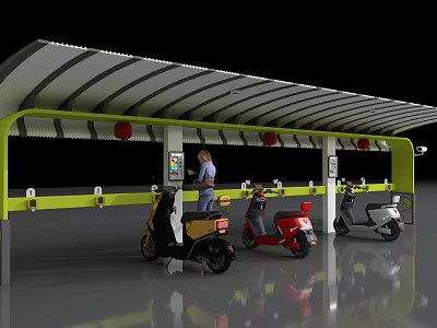 Electric Scooter Charging Canopy with Multiple Scooters Parked and Person Using Charging Station 3d model