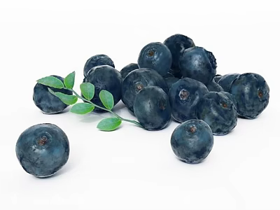 Scattered Fresh Ripe Blueberries with Green Leaves on White Background 3d model