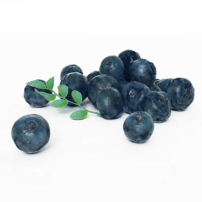 Scattered Fresh Ripe Blueberries with Green Leaves on White Background 3d model Scattered Fresh Ripe Blueberries with Green Leaves on White Background 3d model