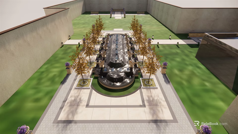 Grand Entrance Gate Landscape With Central Fountain Stone Pathway Lawn And Trees 3d model 