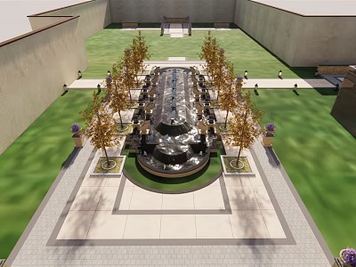 Grand Entrance Gate Landscape With Central Fountain Stone Pathway Lawn And Trees 3d model