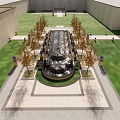 Grand Entrance Gate Landscape With Central Fountain Stone Pathway Lawn And Trees