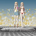 Game And Movie Female Characters In School Uniform And Bikini With Blue Sky Square Pattern
